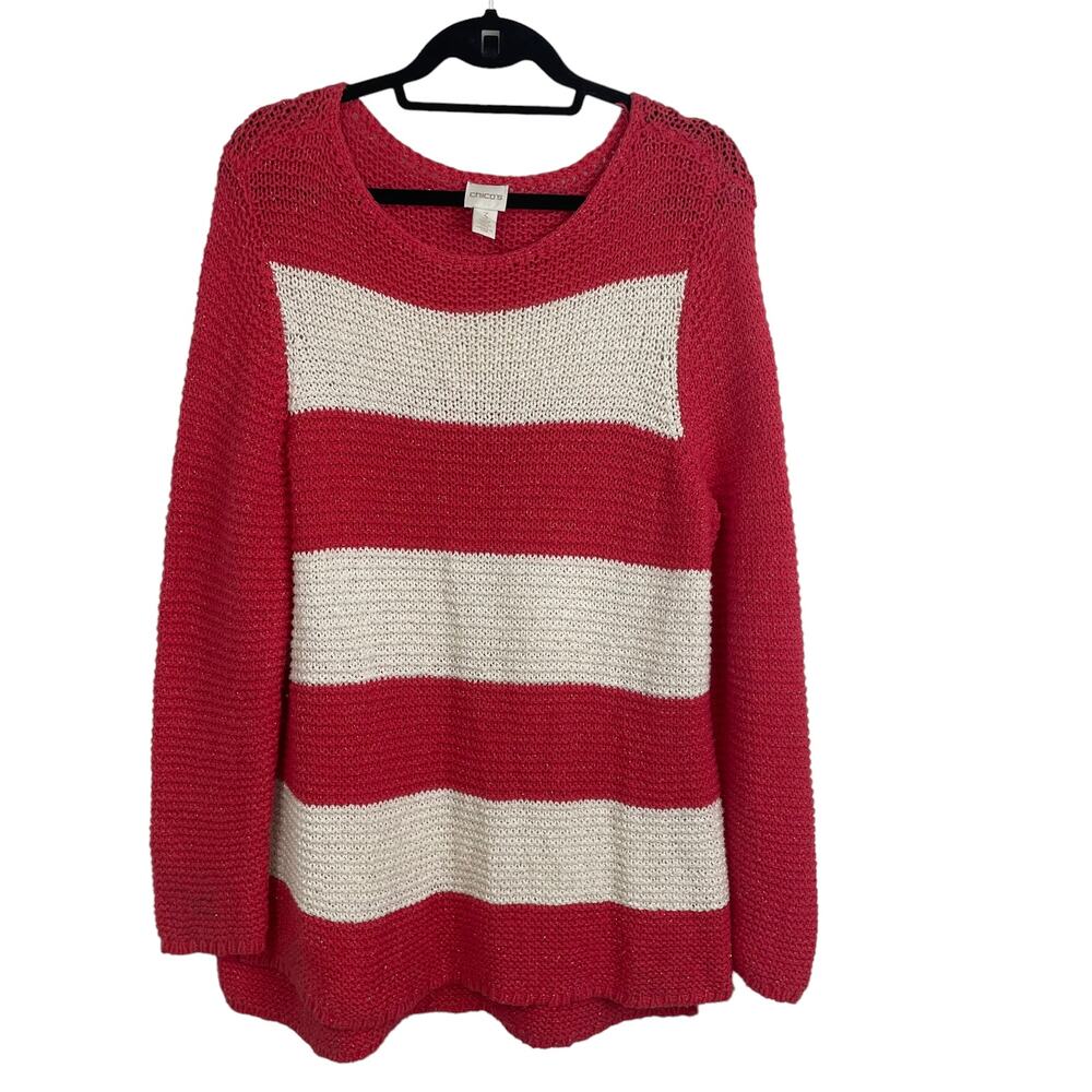 Chico's Striped Knit Sweater Coral White Metallic Women's 16 ASIS